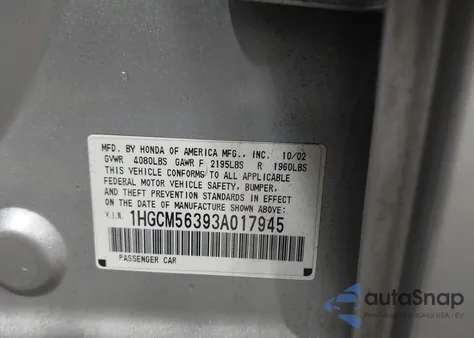 2003 Honda Accord 2.4 Lx z USA, uszkodzony, nr VIN 1HGCM56393A017945